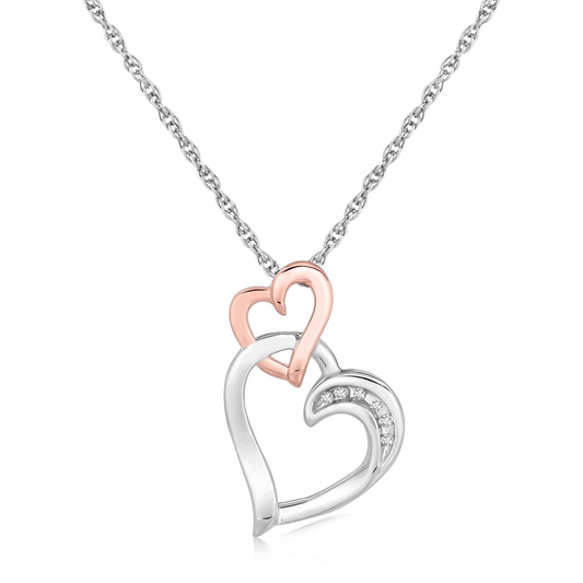 Sterling Silver Cascading Dual Heart Diamond Accented Pendant | 0.02 CTW | 18" Cable Chain