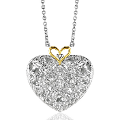 Sterling Silver and 14K Yellow Gold Filigree Heart Pendant with Diamond Accent | 18" Chain